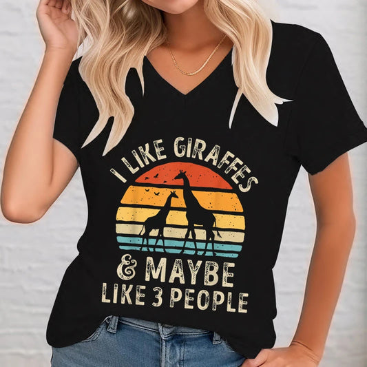 I Like Giraffes and Maybe 3 People Funny Giraffe T-shirt Female V-neck Vintage Giraffe Lover Shirt Retro Animal Lovers T-Shirt