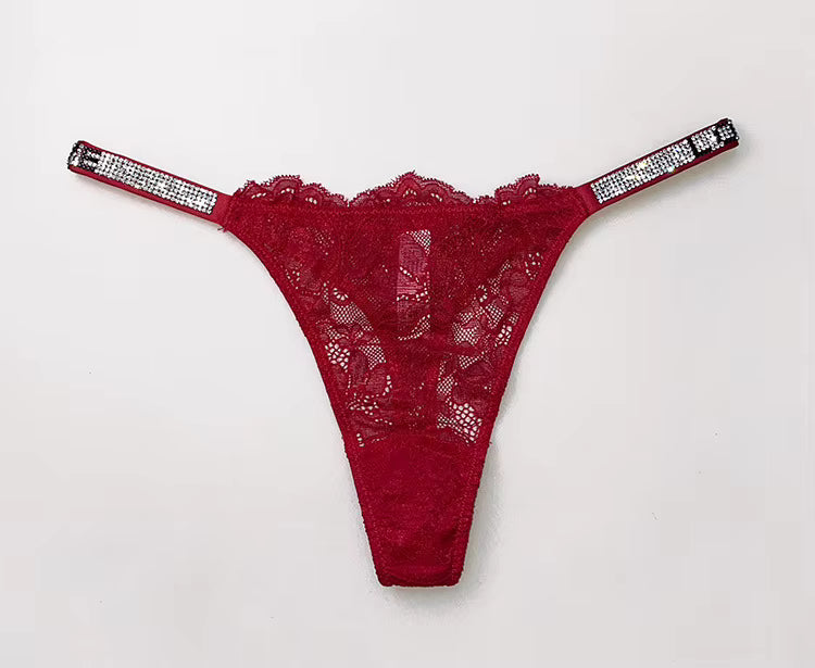Women Lace Seamless Underwear Rhinestone G-String Thong Low Rise Panties Briefs