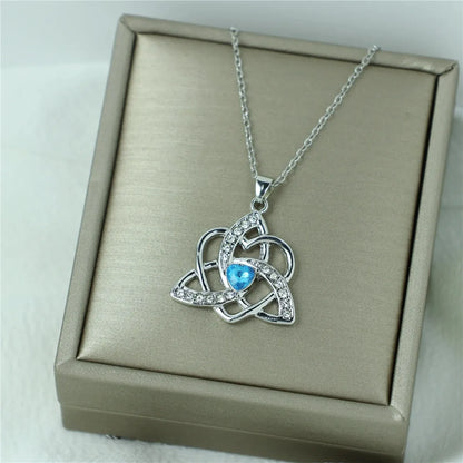 Men Women Romantic Design Heart Shape Blue Crystal Eternal Celtic Knot Pendant Necklace