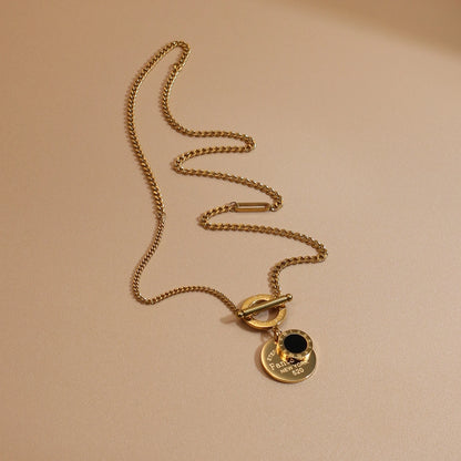 FOREVER LOVE Roman Numeral Round Stainless Steel 18K Gold Pated Women's Pendant Necklace