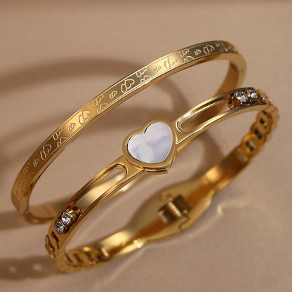 Luxury Heart-Shaped Shell Zircon Design 18K Gold-Plated Stainless Steel Bracelet Bangles