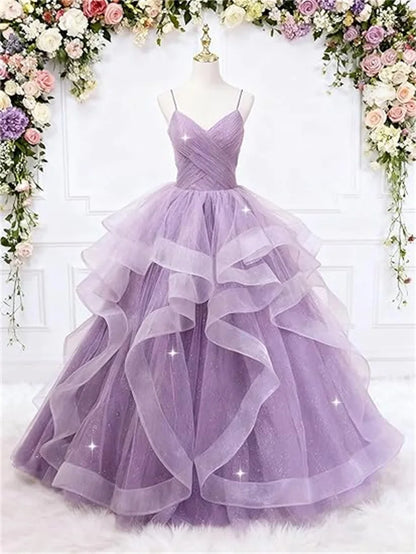 Sparkly Tulle Long Prom Spaghetti Straps Ball Glitter Tulle A-line Formal Evening Party Gown Dress