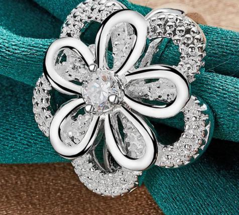 925 Sterling Silver Big Flower Zircon Women Man Fashion Wedding Engagement Party Charm Ring