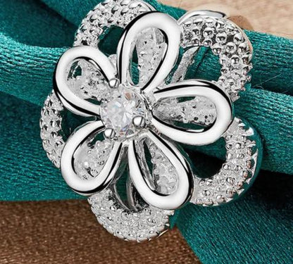 925 Sterling Silver Big Flower Zircon Women Man Fashion Wedding Engagement Party Charm Ring