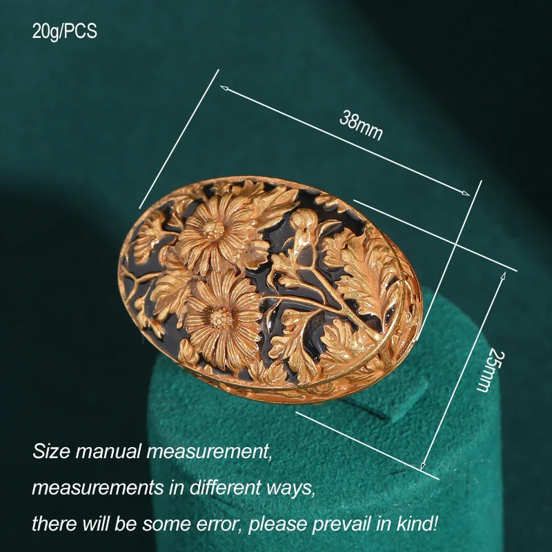 18K Gold-Plated Women Hand-Carved Floral Enamel Vintage Art Deco Ring