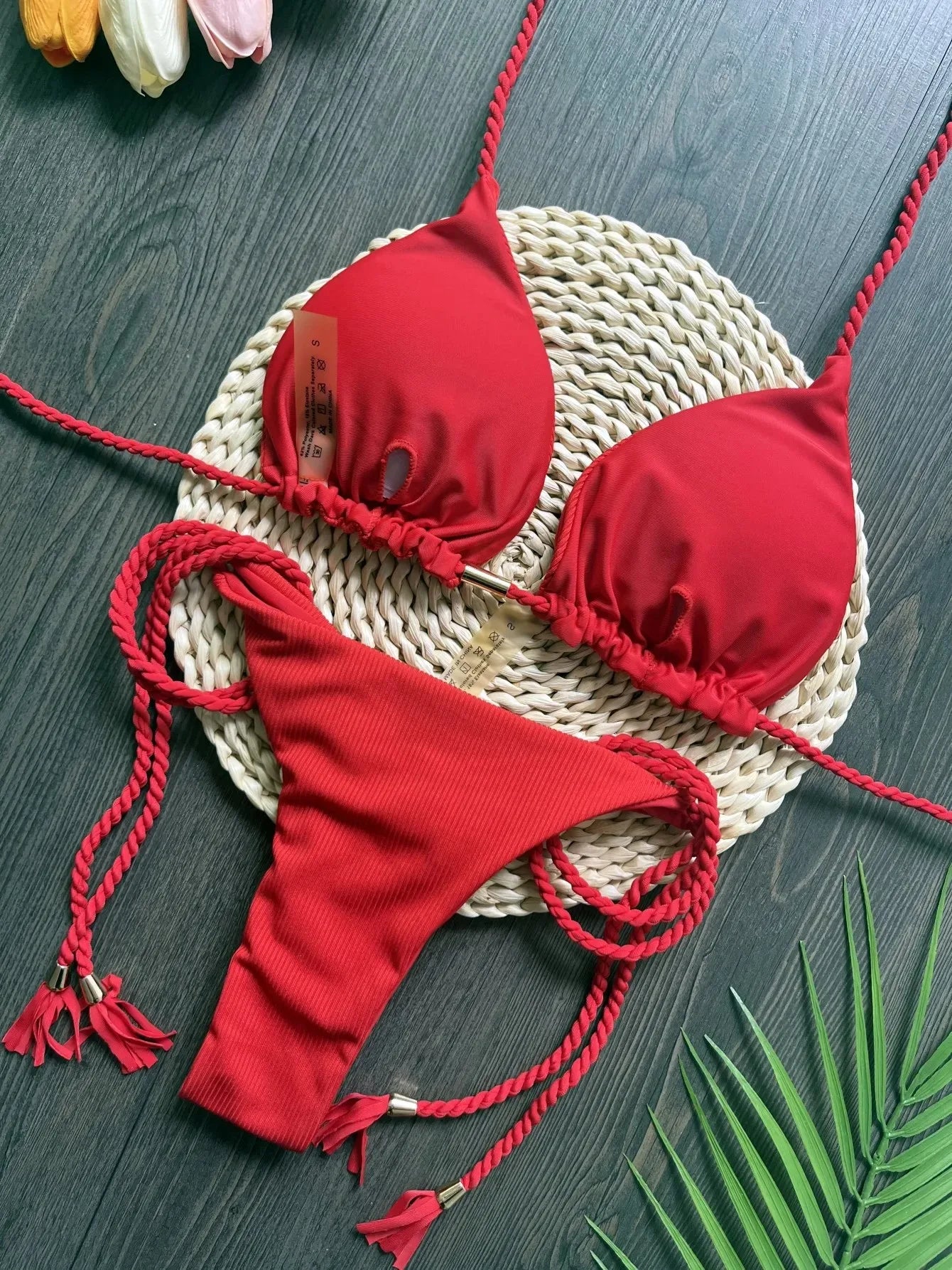 Women Swimsuit Braiding Rope Bikini Two-piece Triangle Solid Swimwear Bathing Suit Brazilian