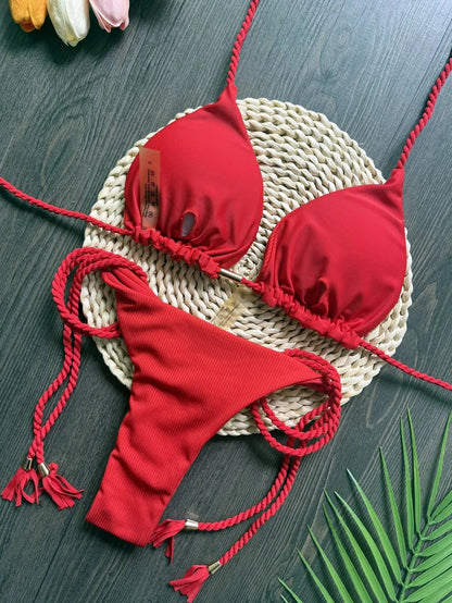 Women Swimsuit Braiding Rope Bikini Two-piece Triangle Solid Swimwear Bathing Suit Brazilian