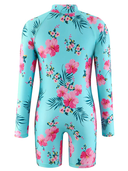 Girls Kids One Piece Long Sleeve Floral Print Beach Swim Rash Guard Boyleg Shorts Swimwear