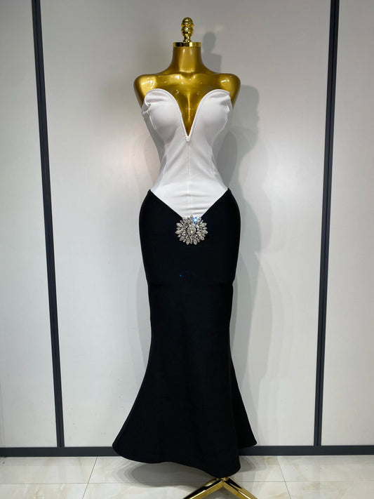 Sexy Bandage Strapless Diamond Flower Maxi Long Birthday Party Prom Dress Gowns