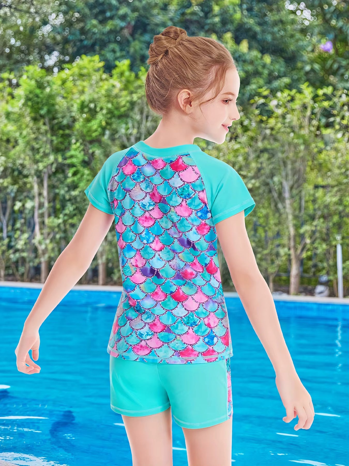 2pcs Kids Girls Short Sleeve Tops Swim Shorts Scale Print Patchwork Beach Bathing Swimwear