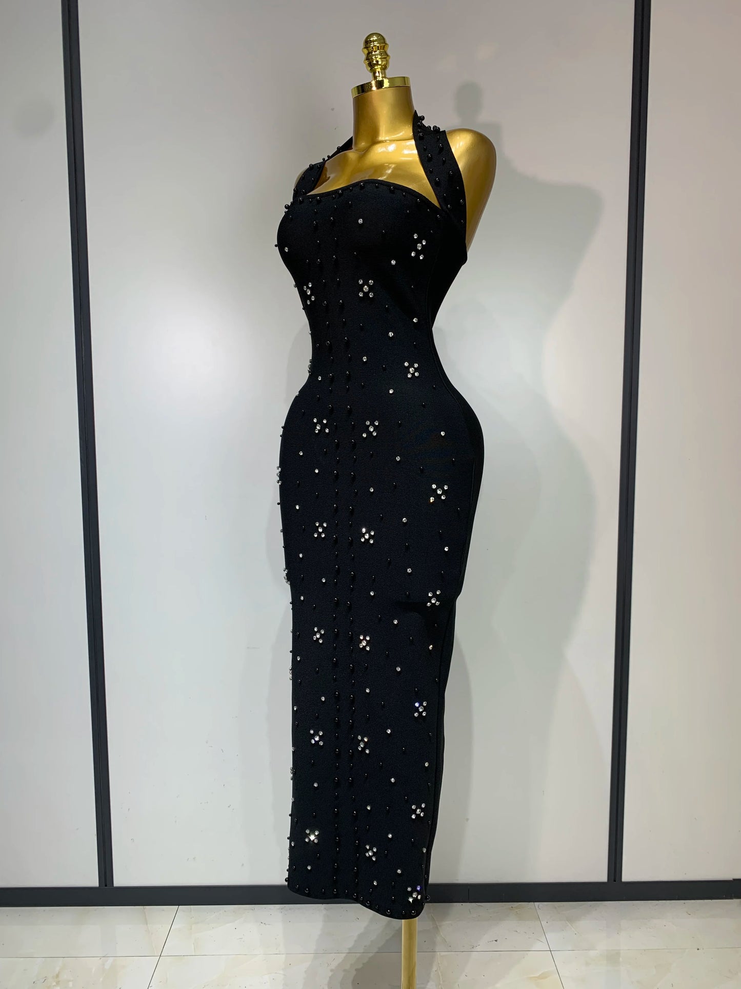 Sexy Sparkly Rhinestone Pearl Halter Backless Bandage Long Birthday Evening Party Dress