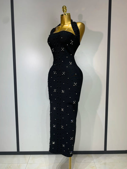Sexy Sparkly Rhinestone Pearl Halter Backless Bandage Long Birthday Evening Party Dress