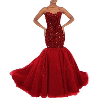 Sparkly Sequin Prom Women Long Tulle Halter Ball Gown Sleeveless Mermaid Formal Evening Party Dress