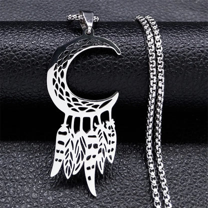 Boho Leaf Feather Women Men Stainless Steel Silver Color Chain Pendant Necklace