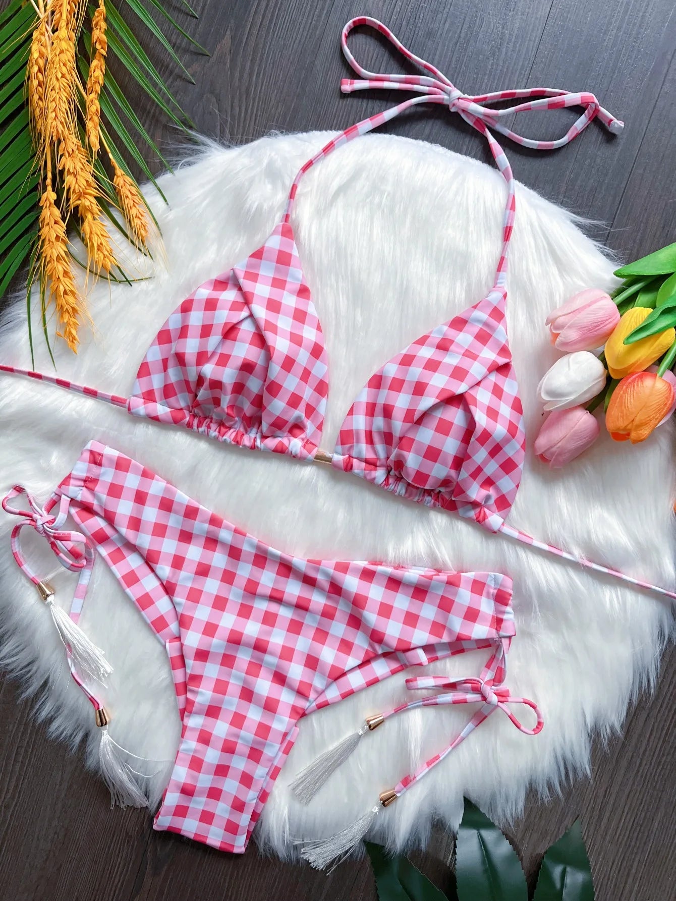 Sexy Lattice Print Bandage Bikini Swimsuit Two-piece Triangle Swimwear Bathing Brazilian Suit