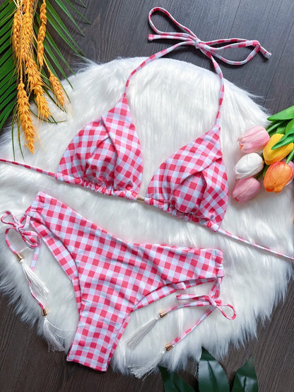 Sexy Lattice Print Bandage Bikini Swimsuit Two-piece Triangle Swimwear Bathing Brazilian Suit