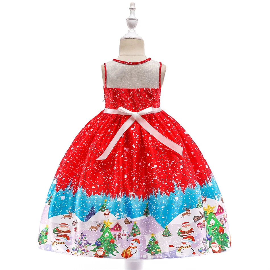 Kids Girls Princess Cartoon Santa Claus Snowflake Costume Xmas Party Print Dress