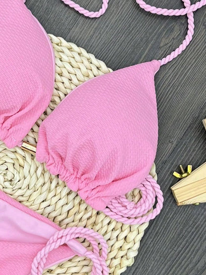 Sexy solid color swimsuit women's split bikini woven rope hanging neck beach swimwear suit