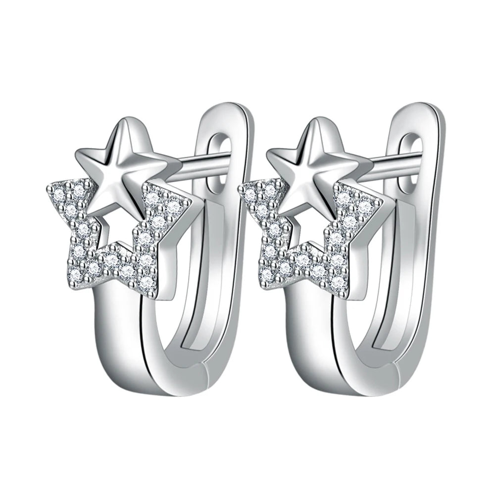 Women New 925 Sterling Silver Crystal Bridal Star Hoop Earrings