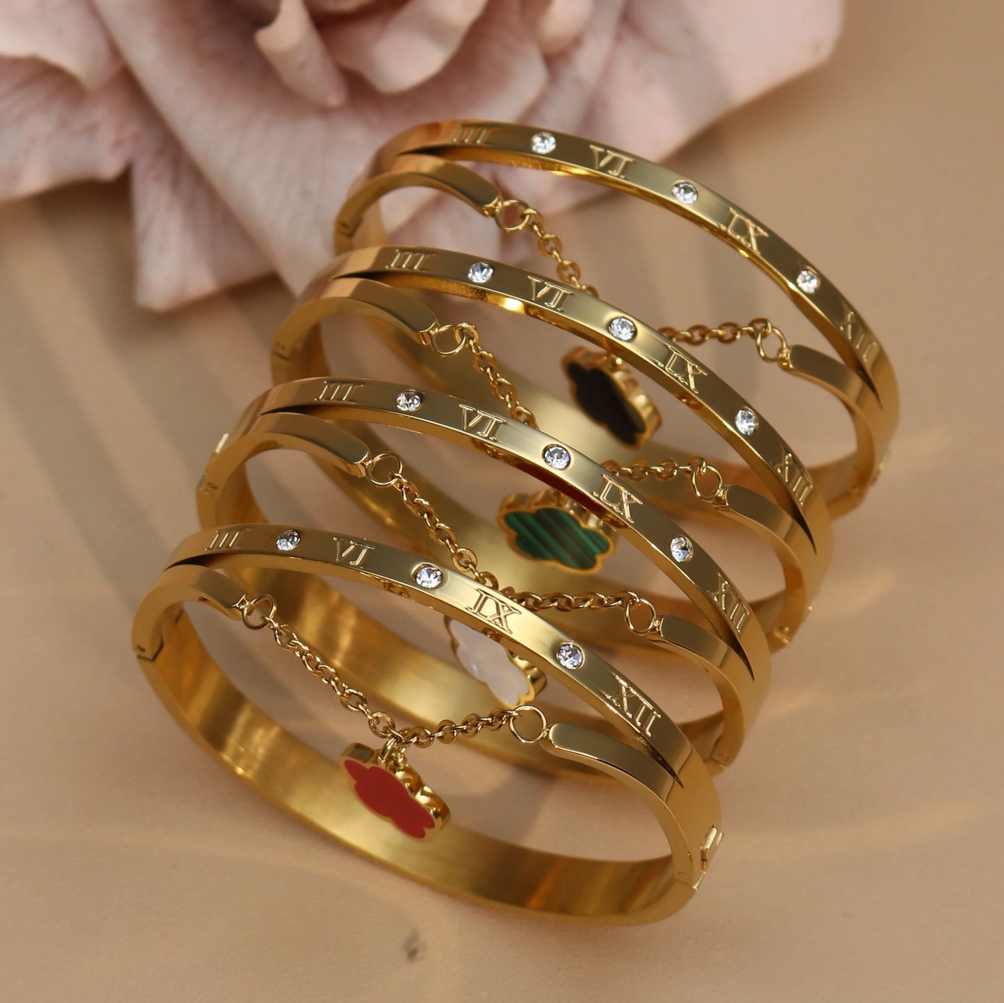 Roman Numeral Crystal Flower Shaped Pendant Stainless Steel Bracelet Bangles
