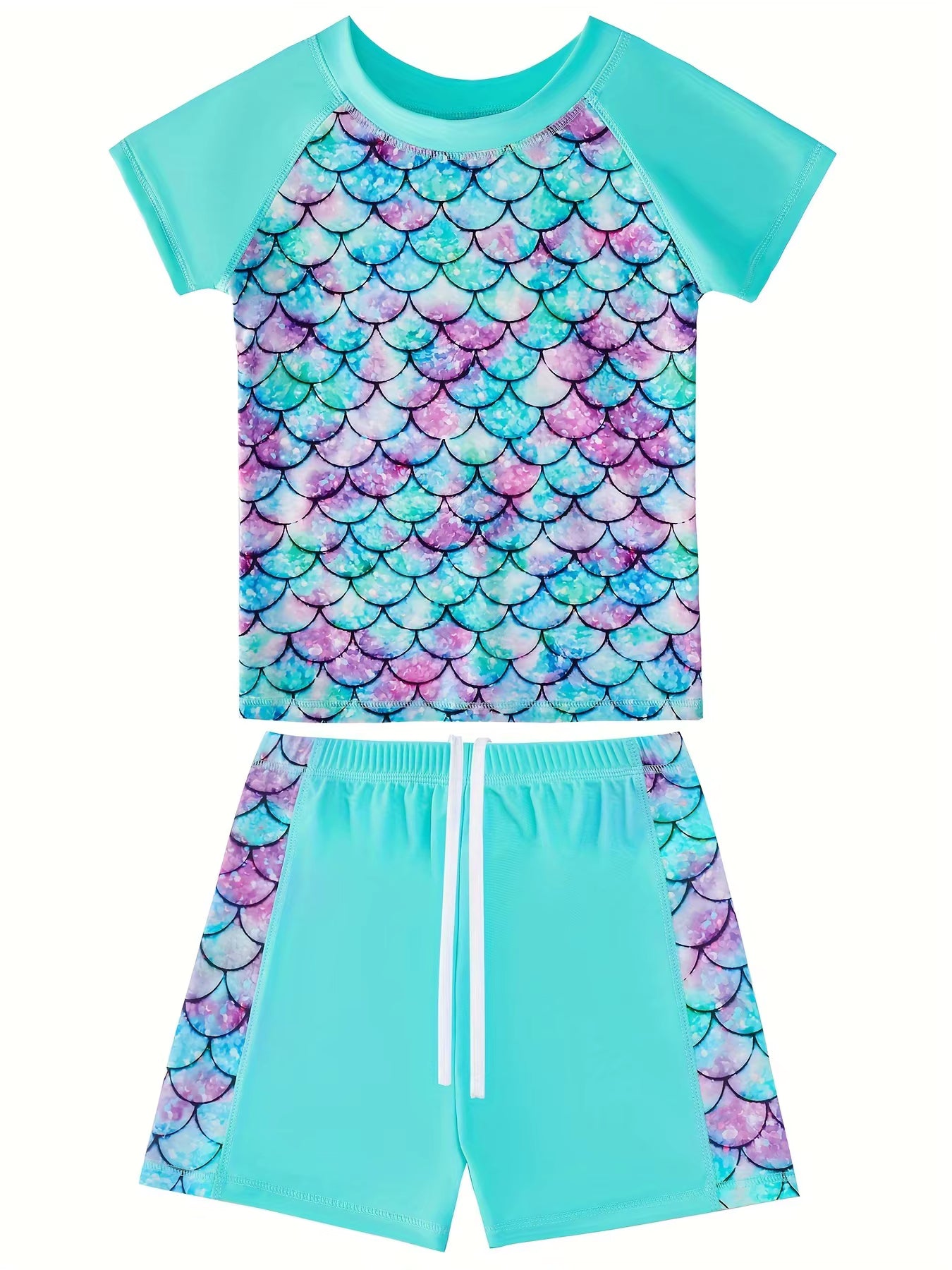 2pcs Kids Girls Mermaid Scale Print Short Sleeve Rash Guard Tops Boyleg Shorts Swimwear Suit
