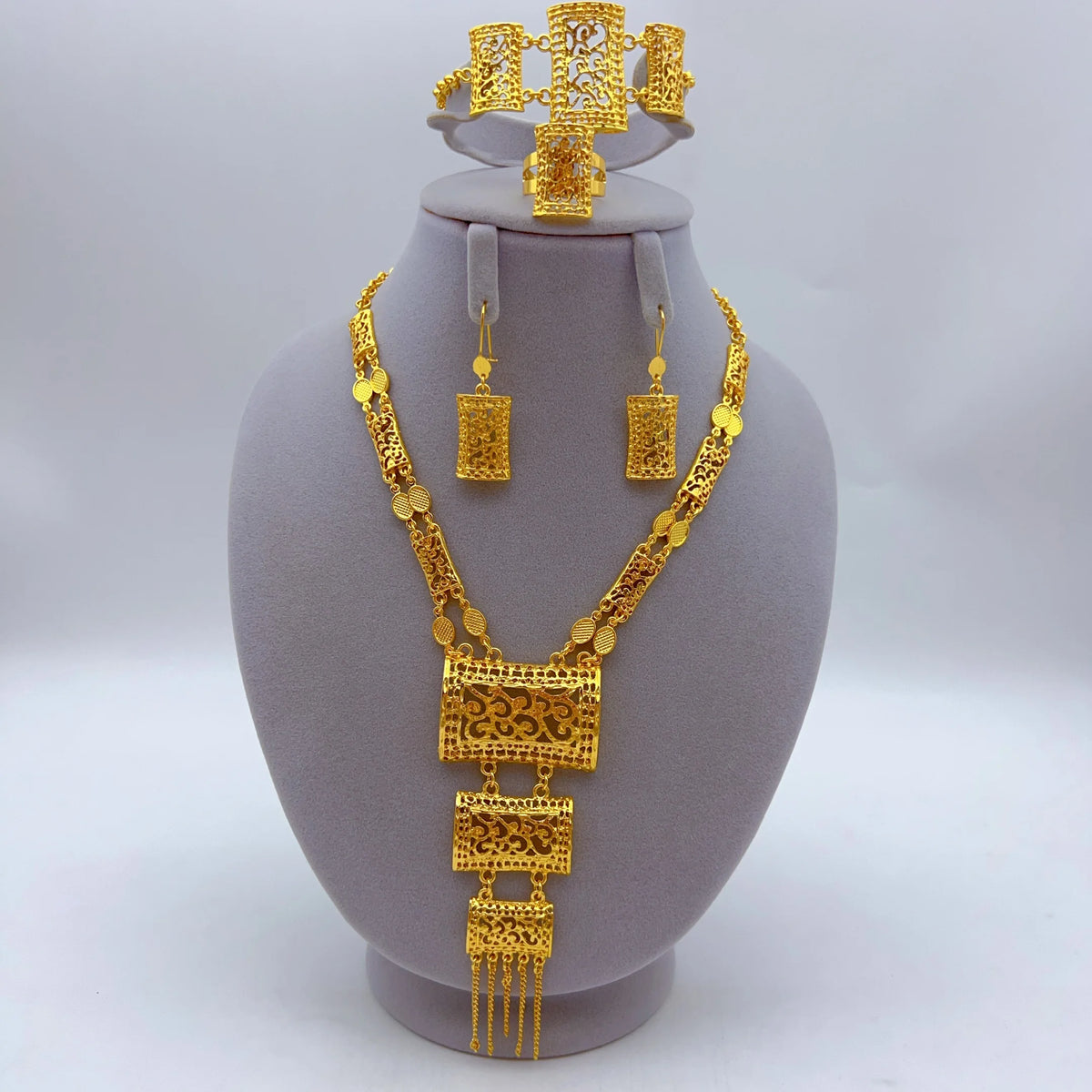 24K Gold Plated Women Wedding Dubai African Indian Brazilian Pendant Necklace Earrings