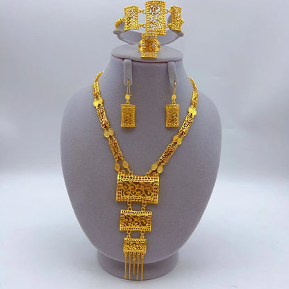 24K Gold Plated Women Wedding Dubai African Indian Brazilian Pendant Necklace Earrings