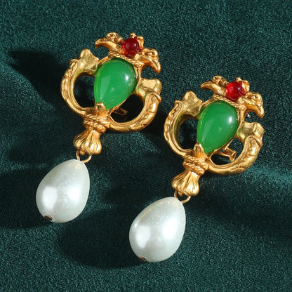 Women Green Jade Teardrop Pearl Natural Stone Vintage Dubai Earrings