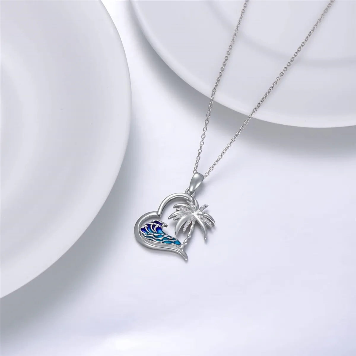 Women Creative Heart Shaped Wave Coconut Tree Pendant Necklace