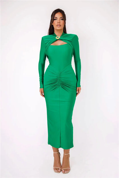 Women Elegant Hollow Out Long Sleeve Maxi  Metal Buckle Ruched Slit Long Dress