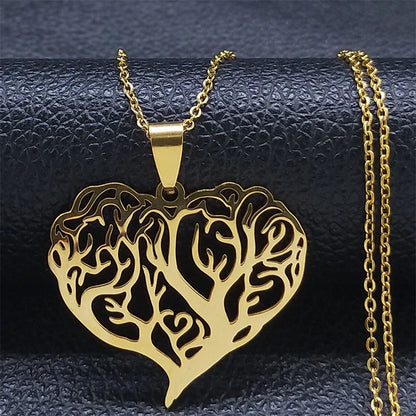 Aesthetic Love Heart Tree of Life Hollow Stainless Steel Gold Color Bead Chain Pendant Necklace