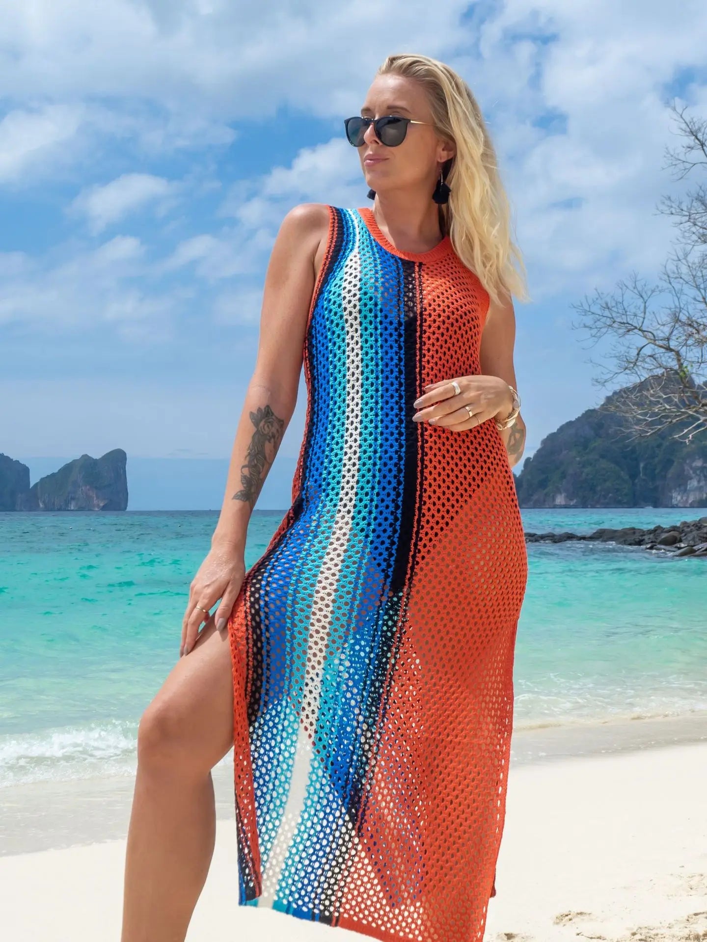 Women Split Crochet Hollow Out Beach Striped Mid Knitted Bodycon Sundress Dress