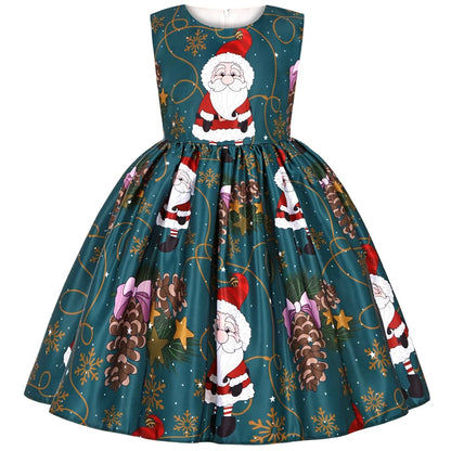 3-10Y Kids Girls Cartoon Santa Claus Snowman Christmas Tree Print Princess Party Costume Dress