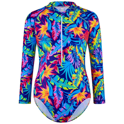 Kids Girls One-Piece Long Sleeve All-over Plants Colorful Leaves Print Boyleg Shorts Swimsuit