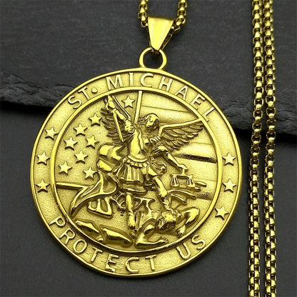 Women Men Stainless Steel Christian Saint Michael Archangel Protect Us Medal Chain Pendant Necklace