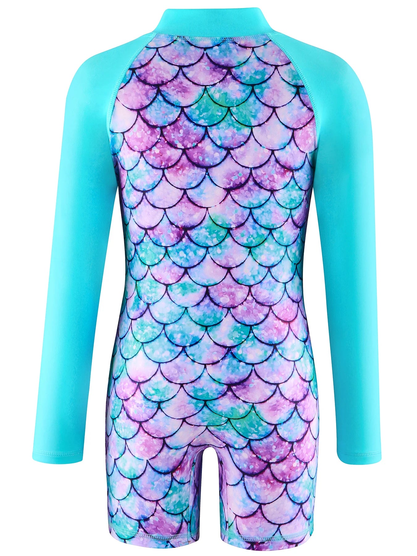 Kids Girls Long Raglan Sleeve Scale Print Zipper Boyleg Shorts Swimwear Beach Swimsuit