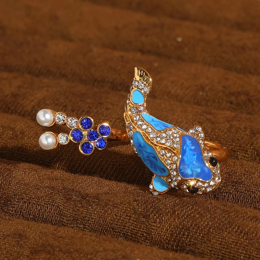 ﻿ Vintage Blue Enamel Goldfish Pearl Rhinestone Women Open Gold Plated Designer Ring