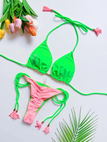 Sexy Solid color Two-piece Triangle Swimwear Braiding Rope Bikini Beach Bathing Brazilian Suit