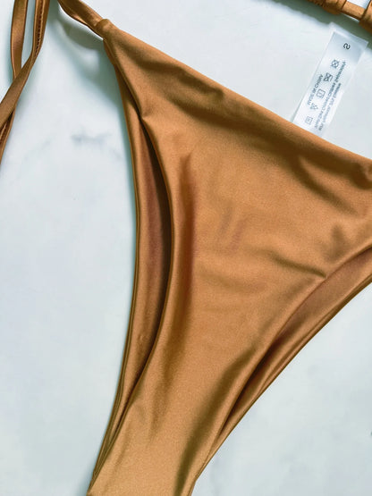 High Cut Halter Brazilian Metallic Satin Women Swimwear Swimsuit Two-pieces Bikini Set
