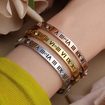 Stainless Steel 18K gold plated Roman Numeral Bracelet Bangles Ring 2-in-1 Jewelry