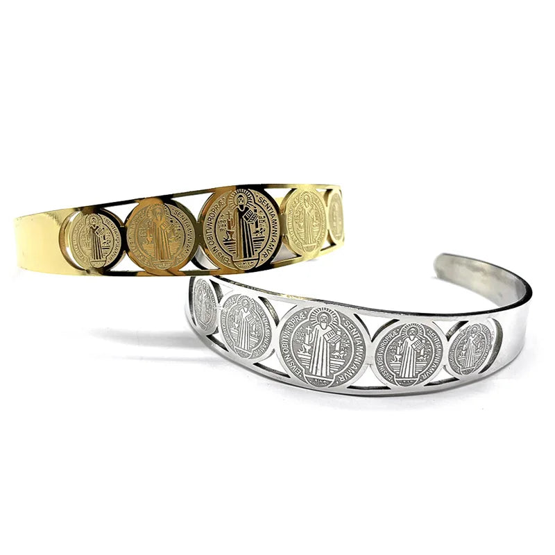 Women Men Stainless Steel Gold Color San Benito Religious Catholic Saint Benedict Adjustable Bracelet