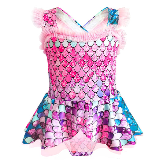 Girls Kids Sleeve Pink Princess 3D Mermaid Scale Print Mesh Skirted Bikini Briefs Swimming Suit