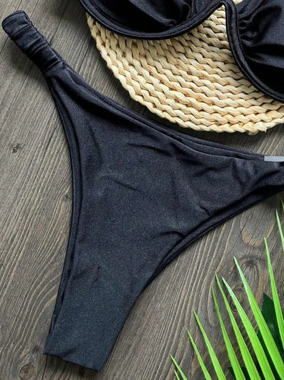 Sexy 3D Flower Women V Wire Underwired Micro Mini Pleated Thong Swimsuit Beach Bathing Suit