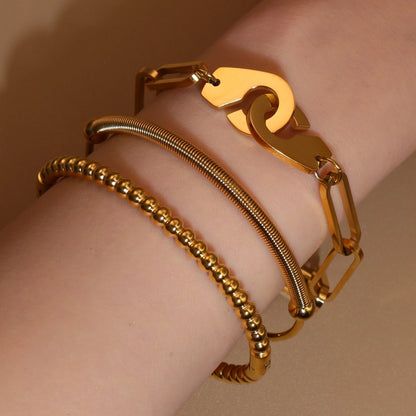 Women 18K Gold-Plated Stainless Steel Bead Open Bracelet Clasp Design Bangles Jewelry