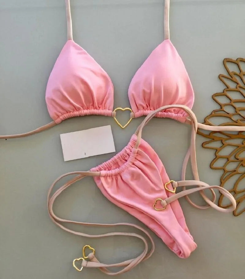 Solid Color Bikini Low Waist Lace-up Fashionable Swimsuit Two-piece Suit