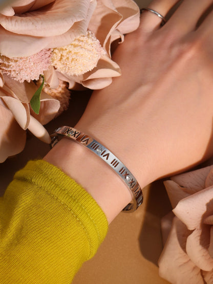 Stainless Steel 18K gold plated Roman Numeral Bracelet Bangles Ring 2-in-1 Jewelry