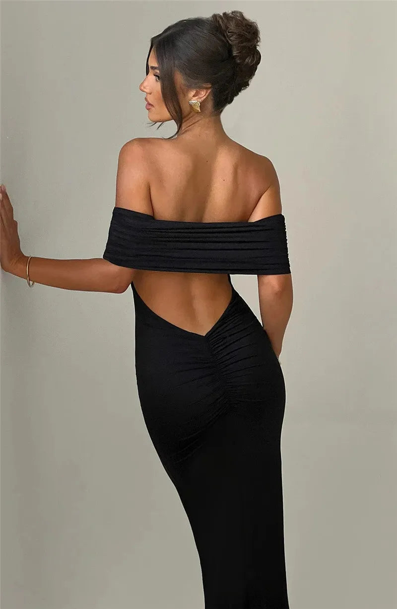 Women Strapless Backless Maxi Solid Off-shoulder Sleeveless Bodycon Long Dress