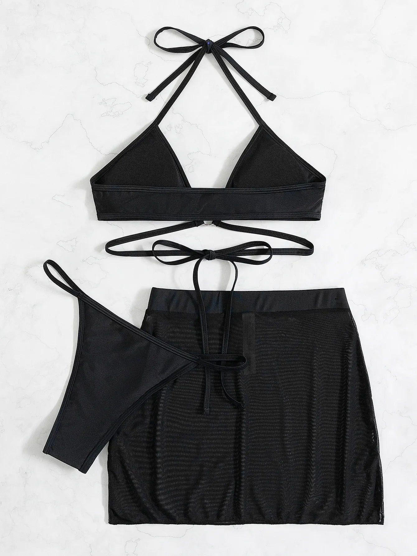 3pcs Halter Thong Bikini Solid Swimsuit Beach Shirt Black Bathing Swimming Suit
