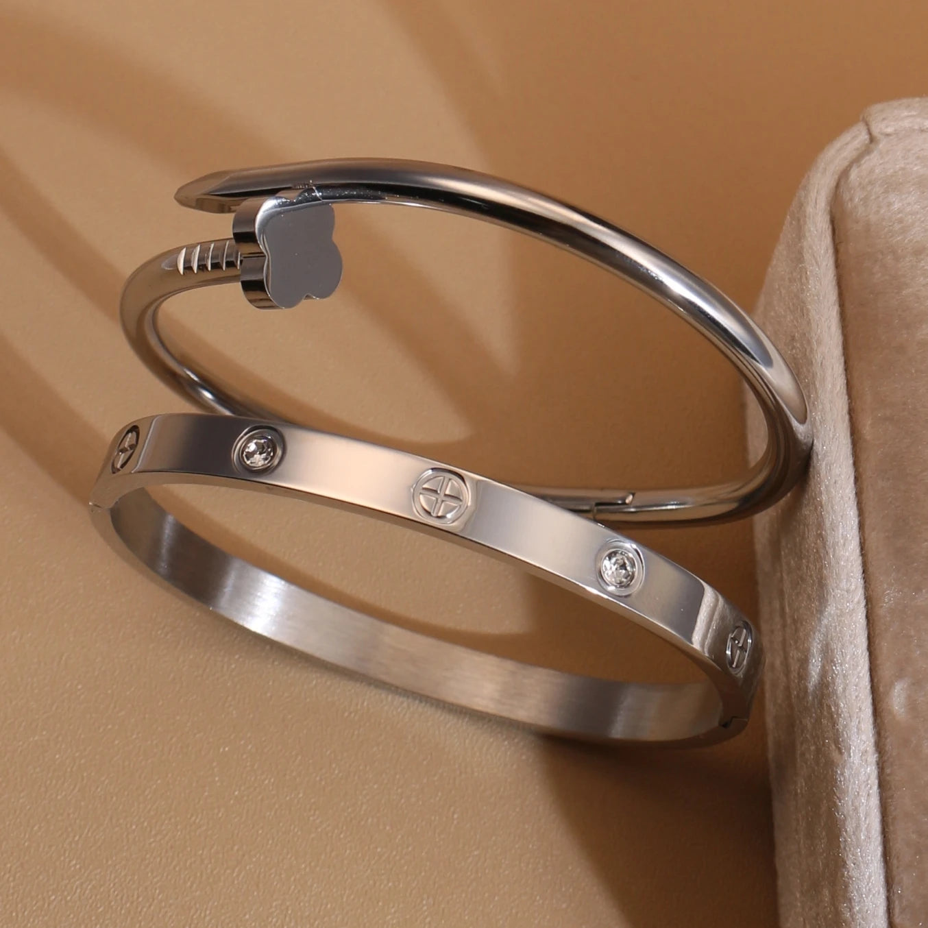 Women Heart Shaped Zircon Stainless Steel Gold Color 2-in-1 Bangles Bracelet Jewelry