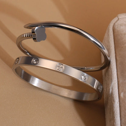 Women Heart Shaped Zircon Stainless Steel Gold Color 2-in-1 Bangles Bracelet Jewelry